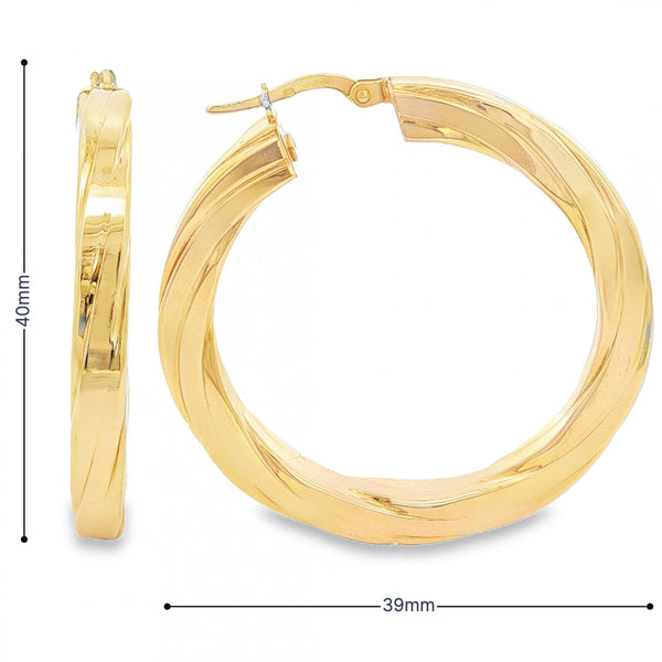 9ct Yellow Gold Twist-Engraved Hoop Earrings - 39x41x4.5mm -5.1g