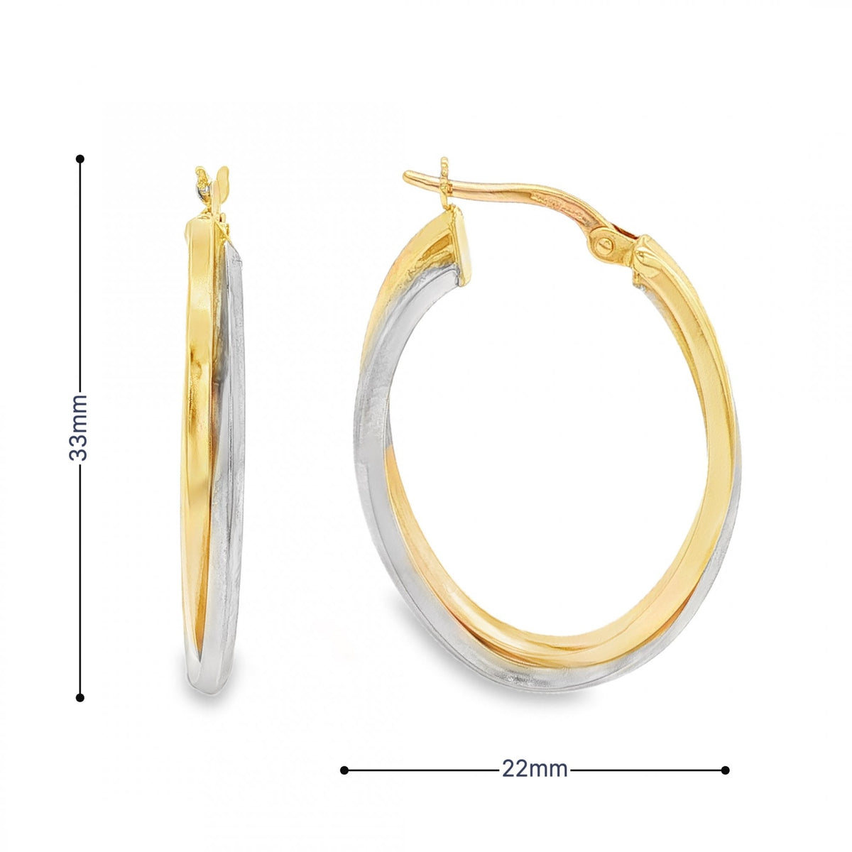 9ct Yellow & White Gold Double Twist Hoop Earrings - 22x33x4mm