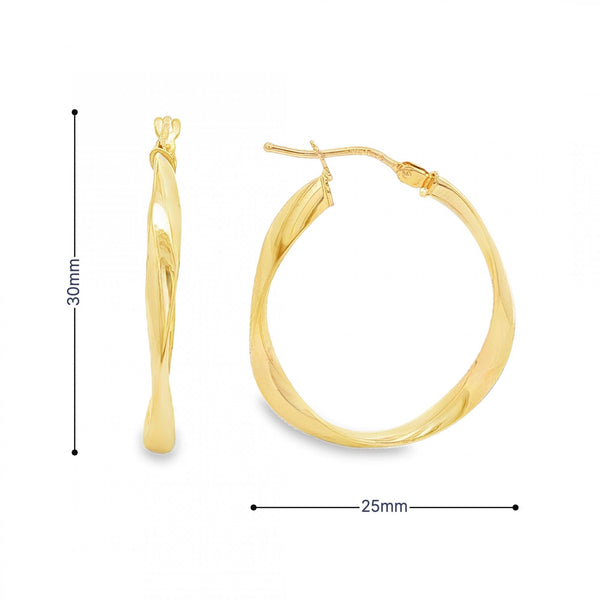 9ct Yellow Gold Twist Hoop Earrings - 25x30x2.5mm - 1.3g