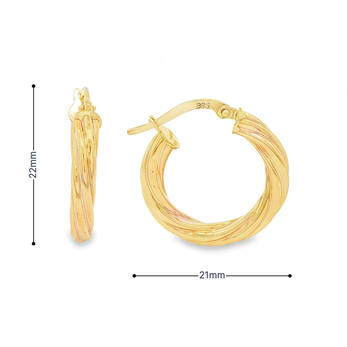 9ct Yellow Gold Twist Hoop Earrings - 21x22x3.5mm - 1.8g