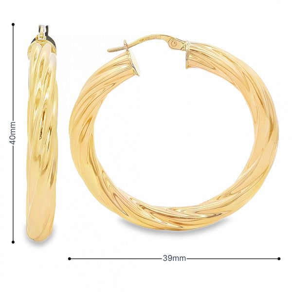 9ct Yellow Gold Large Twist Hoop Earrings - 39x40x4.5mm - 4.3g