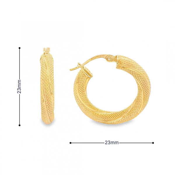 9ct Yellow Gold Twist Patterned Hoop Earrings - 23x23x4mm - 2.4g