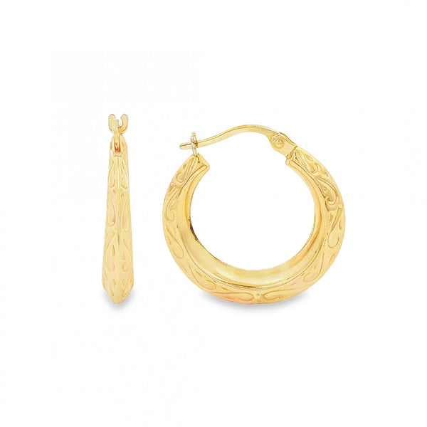 9ct Yellow Gold Engraved Graduated Hoop Earrings - 22x23mm -1.7g