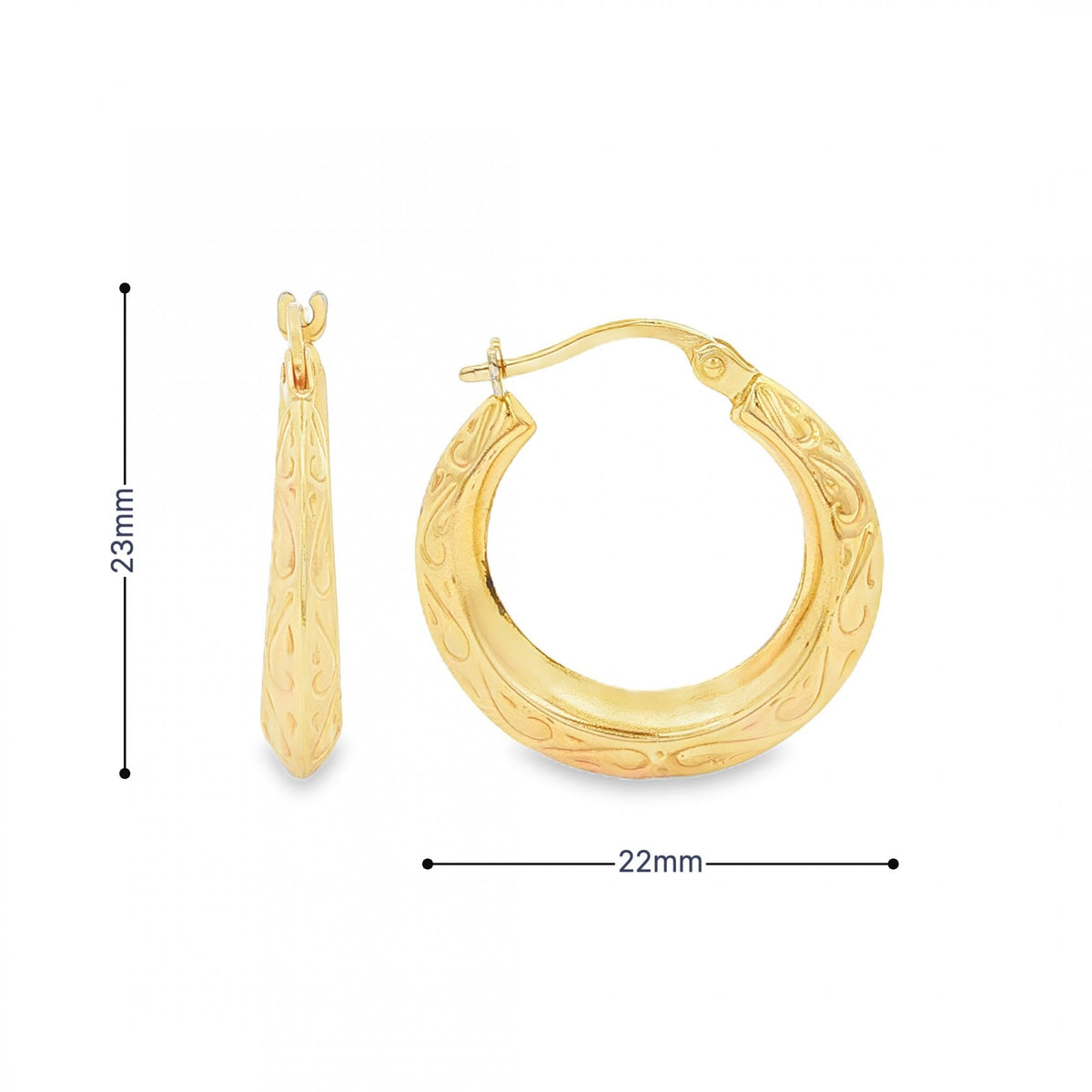 9ct Yellow Gold Engraved Graduated Hoop Earrings - 22x23mm -1.7g