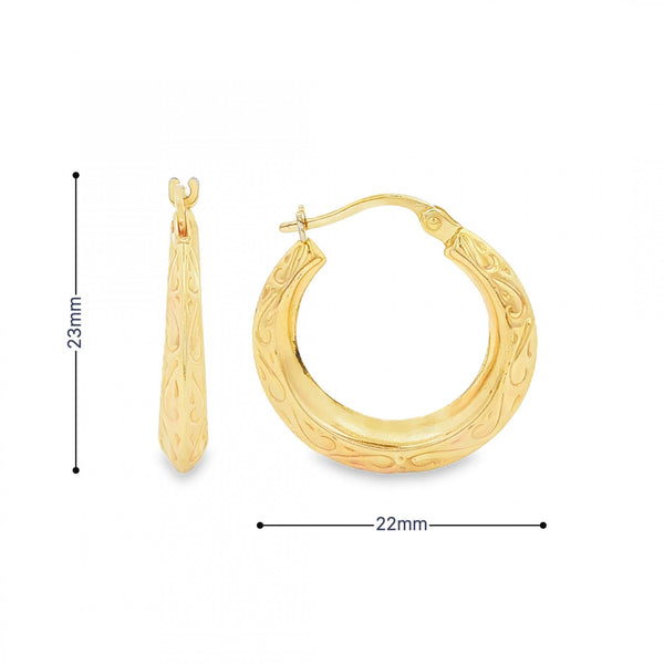 9ct Yellow Gold Engraved Graduated Hoop Earrings - 22x23mm -1.7g
