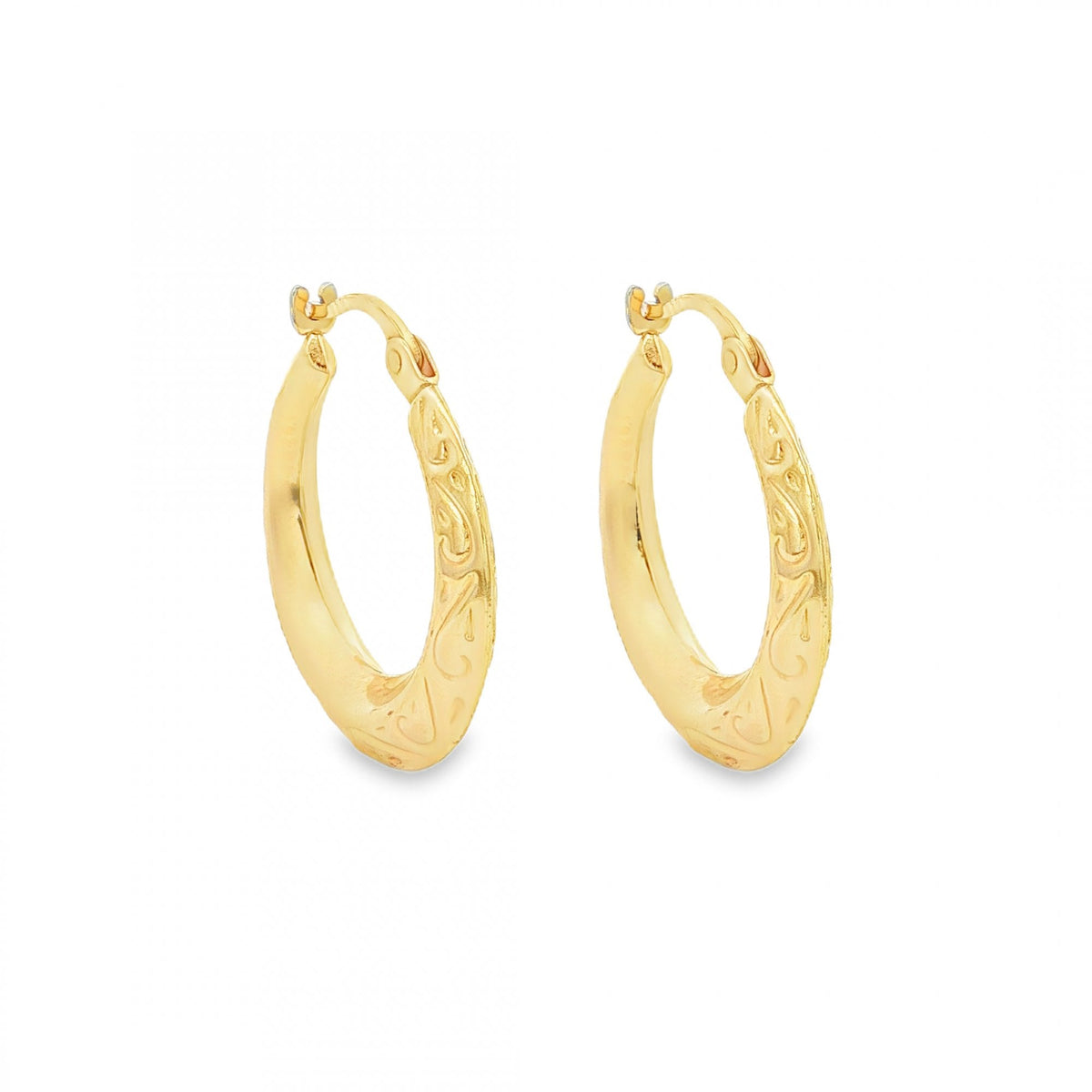 9ct Yellow Gold Engraved Graduated Hoop Earrings - 22x23mm -1.7g