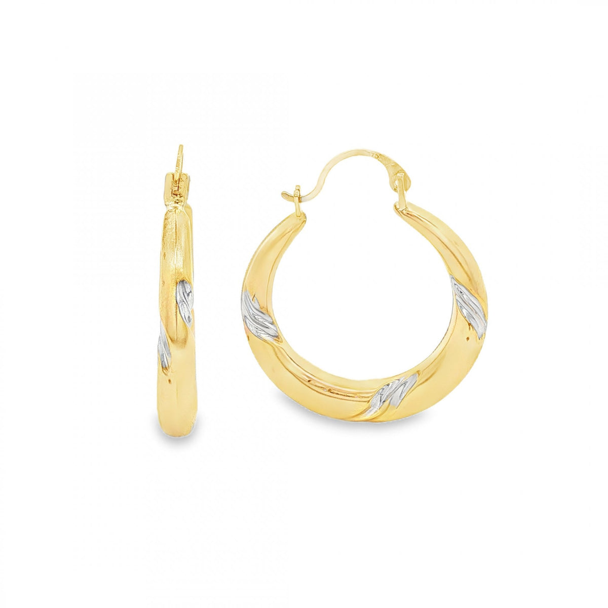9ct Yellow & White Gold Swirl Hoop Earrings - 21x25x3.5mm - 1.0g