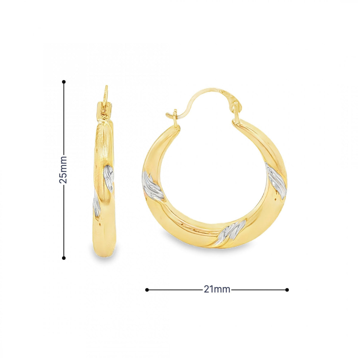 9ct Yellow & White Gold Swirl Hoop Earrings - 21x25x3.5mm - 1.0g