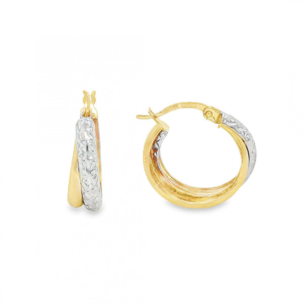 9ct Yellow & White Gold Double Hoop Earrings - 18x19x6mm - 1.7g
