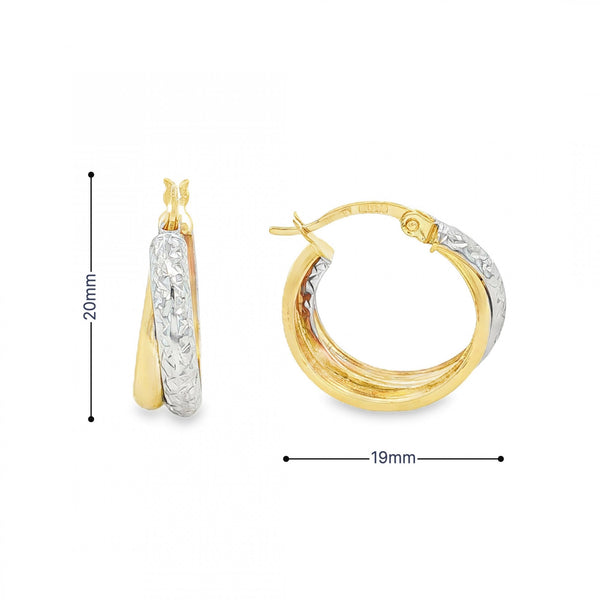 9ct Yellow & White Gold Double Hoop Earrings - 18x19x6mm - 1.7g