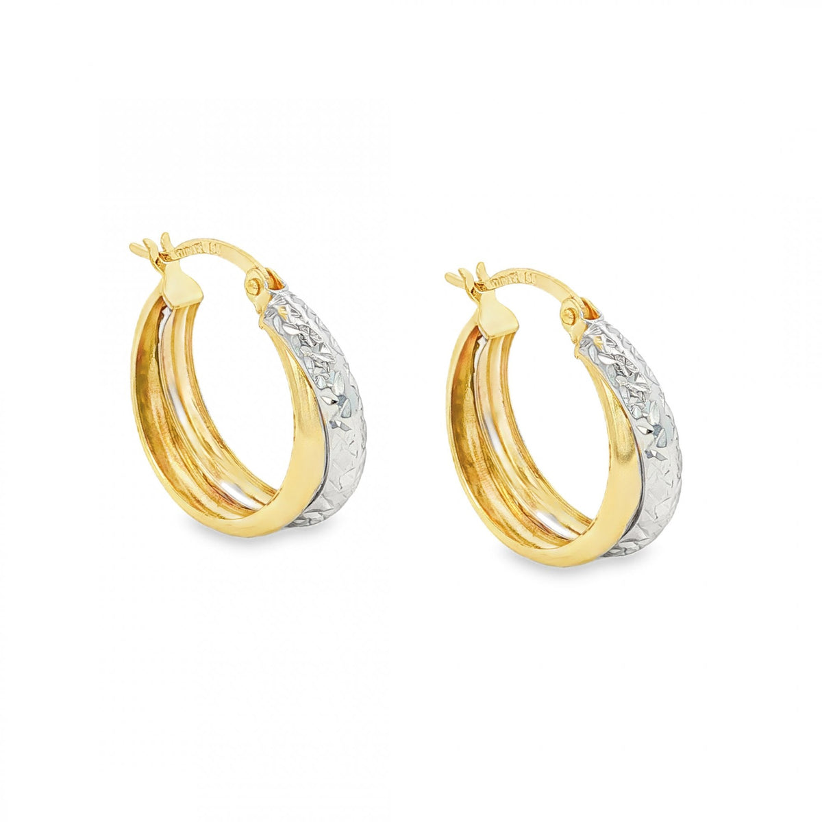 9ct Yellow & White Gold Double Hoop Earrings - 18x19x6mm - 1.7g