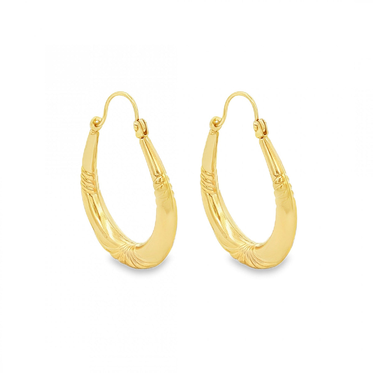 9ct Yellow Gold Oval Swirl & Fan Hoop Earrings - 20x28mm - 1.5g