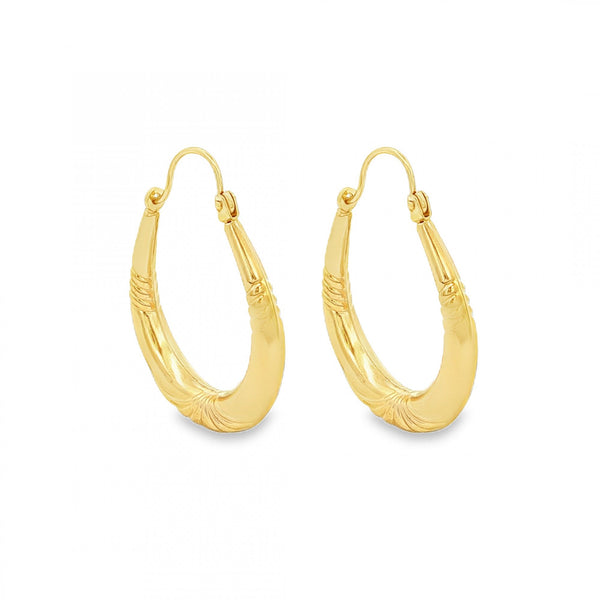 9ct Yellow Gold Oval Swirl & Fan Hoop Earrings - 20x28mm - 1.5g