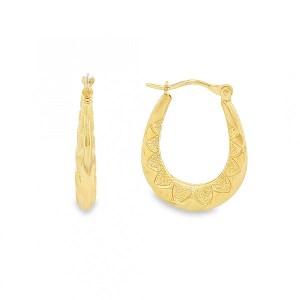 9ct Yellow Gold Oval Patterned Hoop Earrings - 19x26x4mm - 1.8g