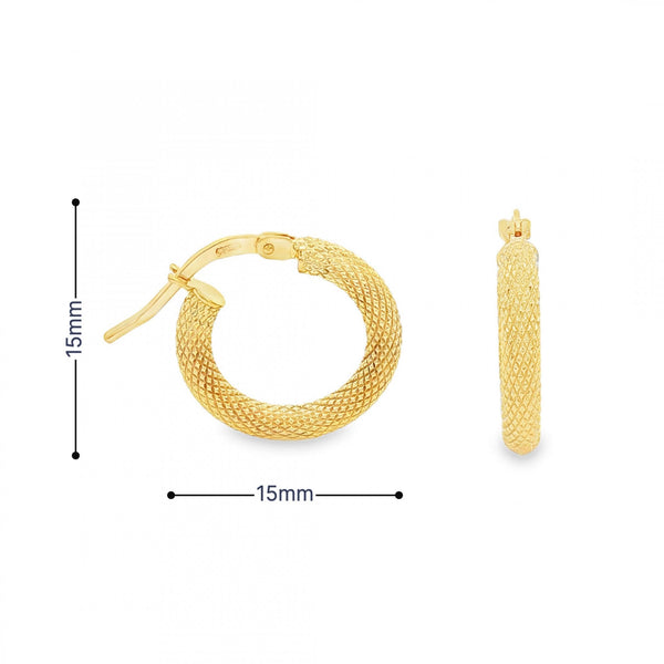 9ct Yellow Gold Patterned Hoop Earrings - 16x17x2.5mm - 0.9g