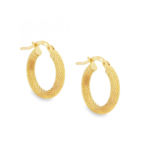 9ct Yellow Gold Patterned Hoop Earrings - 16x17x2.5mm - 0.9g