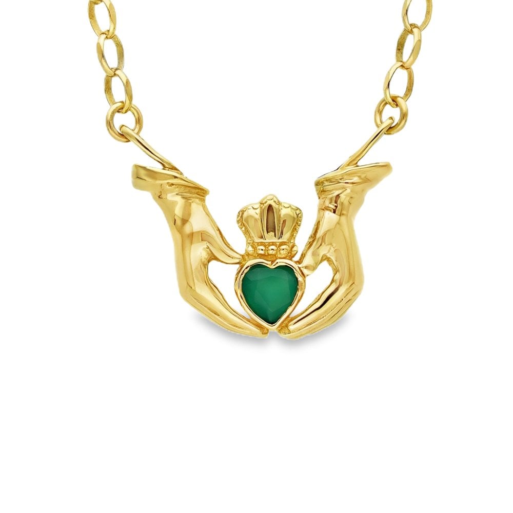 9ct Yellow Gold Claddagh Chalcedony Pendant & Necklace - 20"