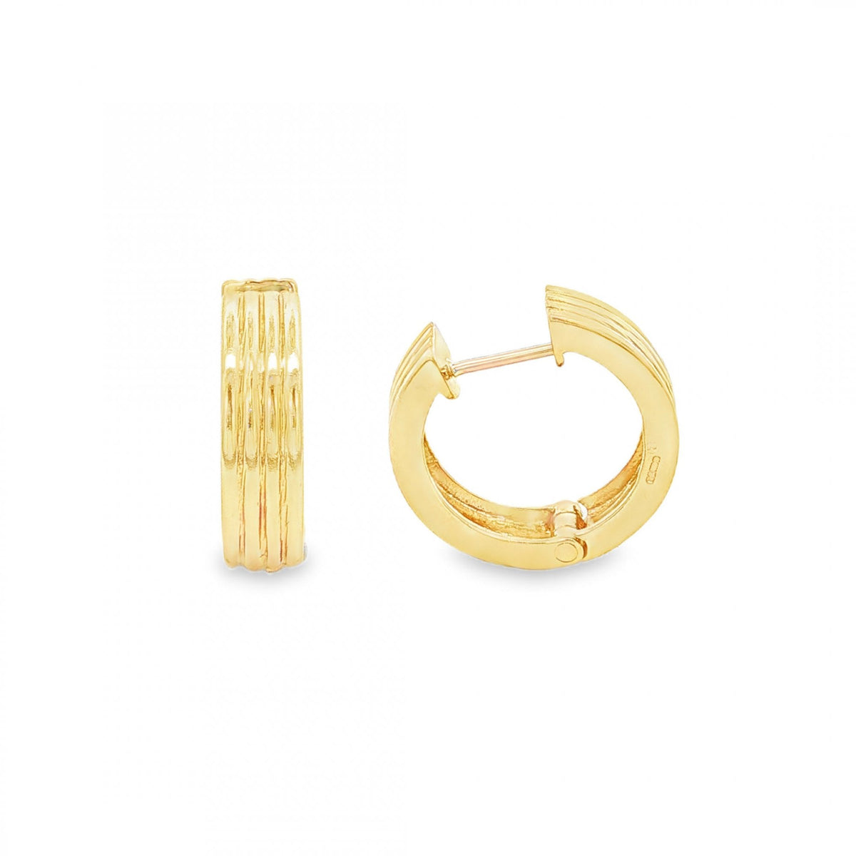 9ct Yellow Gold Ribbed Huggie Hoop Earrings - 16x16x4.5mm - 4.2g
