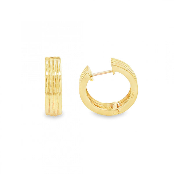 9ct Yellow Gold Ribbed Huggie Hoop Earrings - 16x16x4.5mm - 4.2g