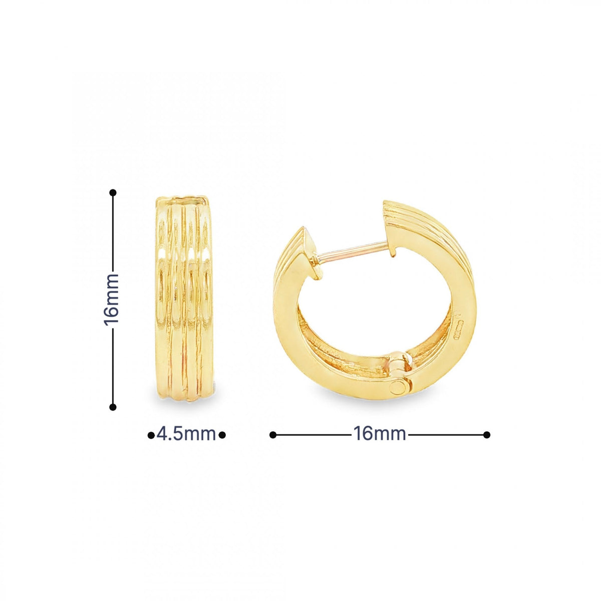 9ct Yellow Gold Ribbed Huggie Hoop Earrings - 16x16x4.5mm - 4.2g