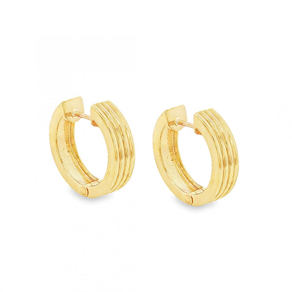 9ct Yellow Gold Ribbed Huggie Hoop Earrings - 16x16x4.5mm - 4.2g