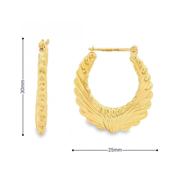 9ct Yellow Gold Graduated Oval Fan Hoop Earrings - 25x30mm -2.8g