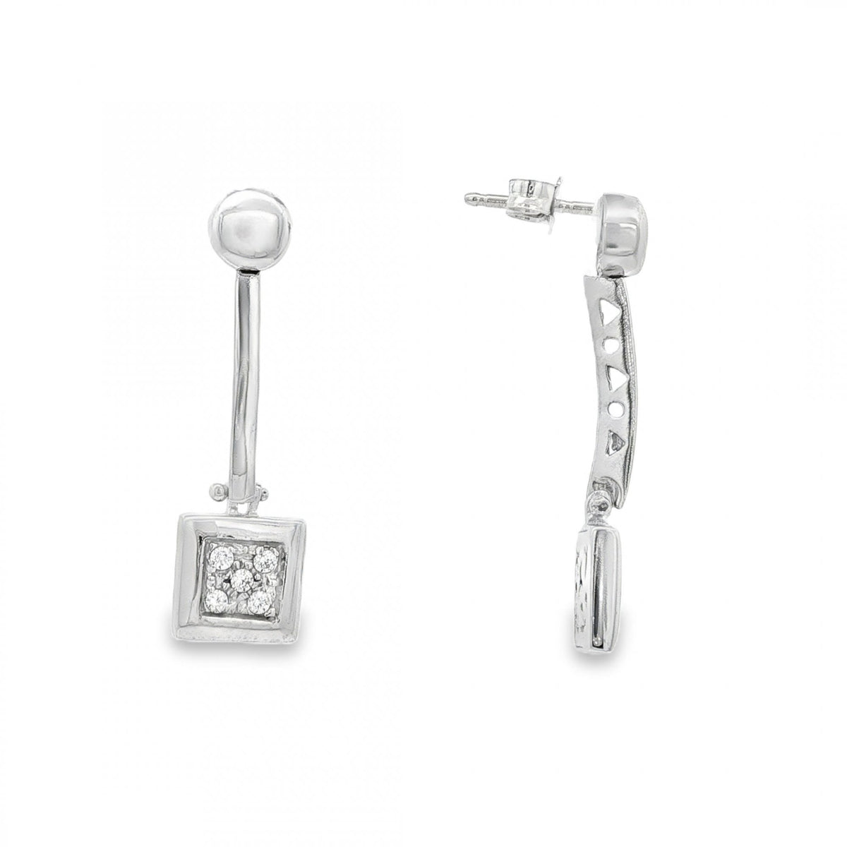 9ct White Gold CZ Cluster Square Drop Earrings - 8x30x3mm - 4.4g