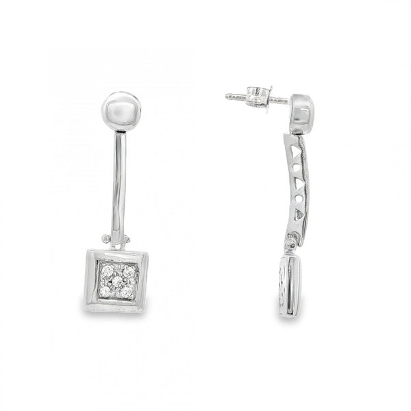 9ct White Gold CZ Cluster Square Drop Earrings - 8x30x3mm - 4.4g