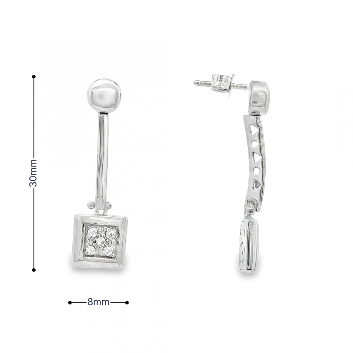 9ct White Gold CZ Cluster Square Drop Earrings - 8x30x3mm - 4.4g