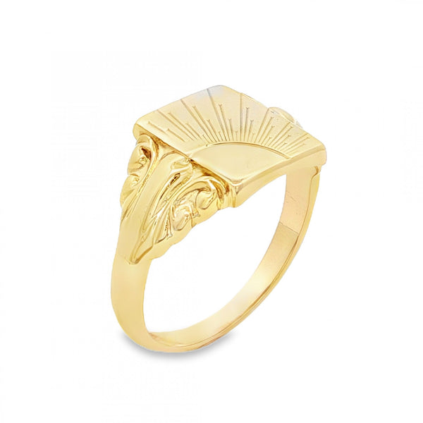 9ct Yellow Gold Sunburst-Engraved Signet Ring - Size T½ - 13mm