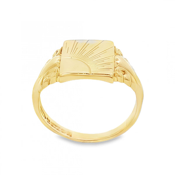 9ct Yellow Gold Sunburst-Engraved Signet Ring - Size T½ - 13mm