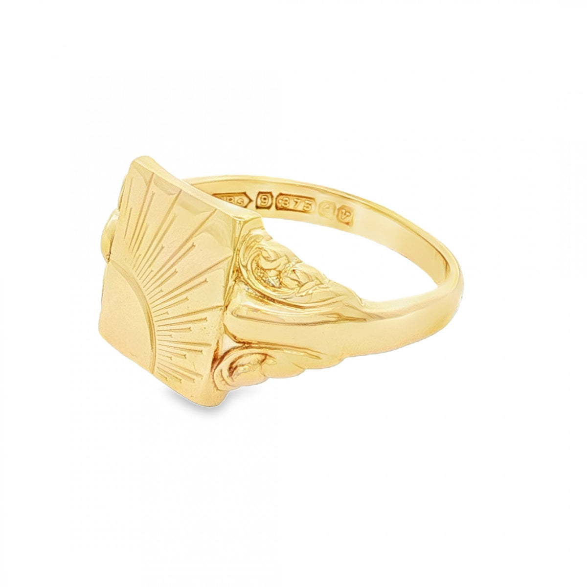 9ct Yellow Gold Sunburst-Engraved Signet Ring - Size T½ - 13mm