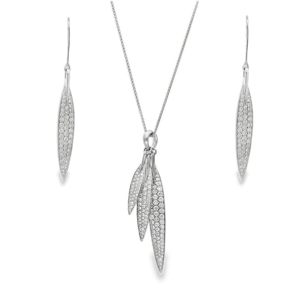 18ct White Gold Diamond Leaf Pendant & Earrings Set -18" -2.47ct