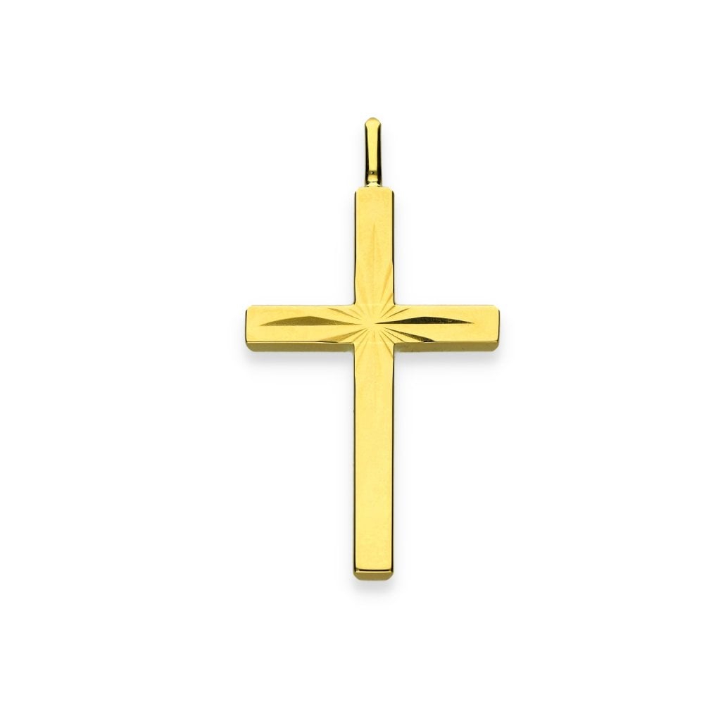9ct Yellow Gold Sunburst Block Cross Pendant - 19x35x3mm - 1.5g
