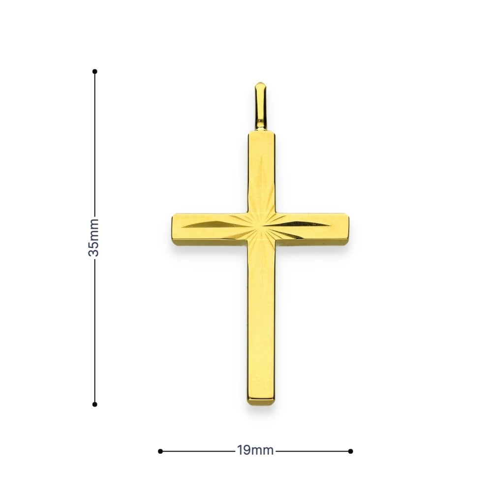 9ct Yellow Gold Sunburst Block Cross Pendant - 19x35x3mm - 1.5g