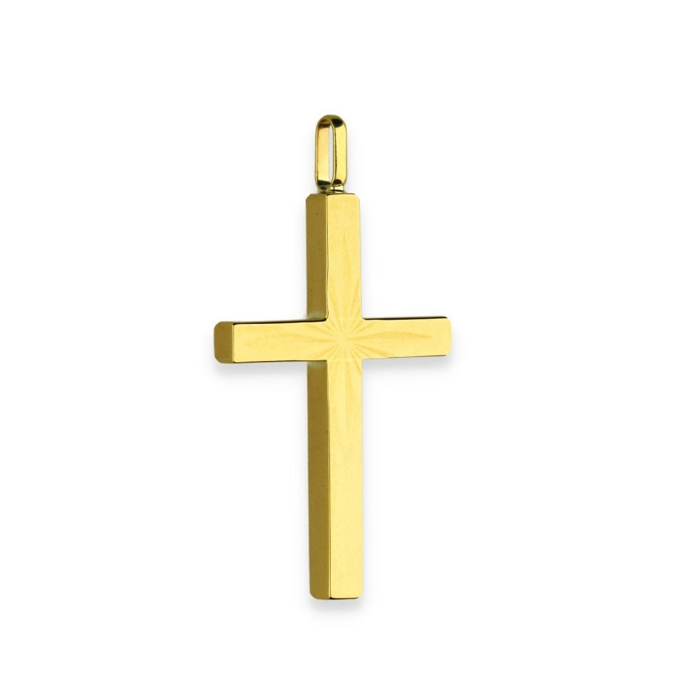 9ct Yellow Gold Sunburst Block Cross Pendant - 19x35x3mm - 1.5g