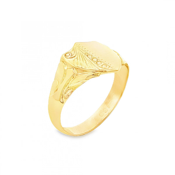 9ct Yellow Gold Half-Engraved Shield Signet Ring - Size S - 13mm
