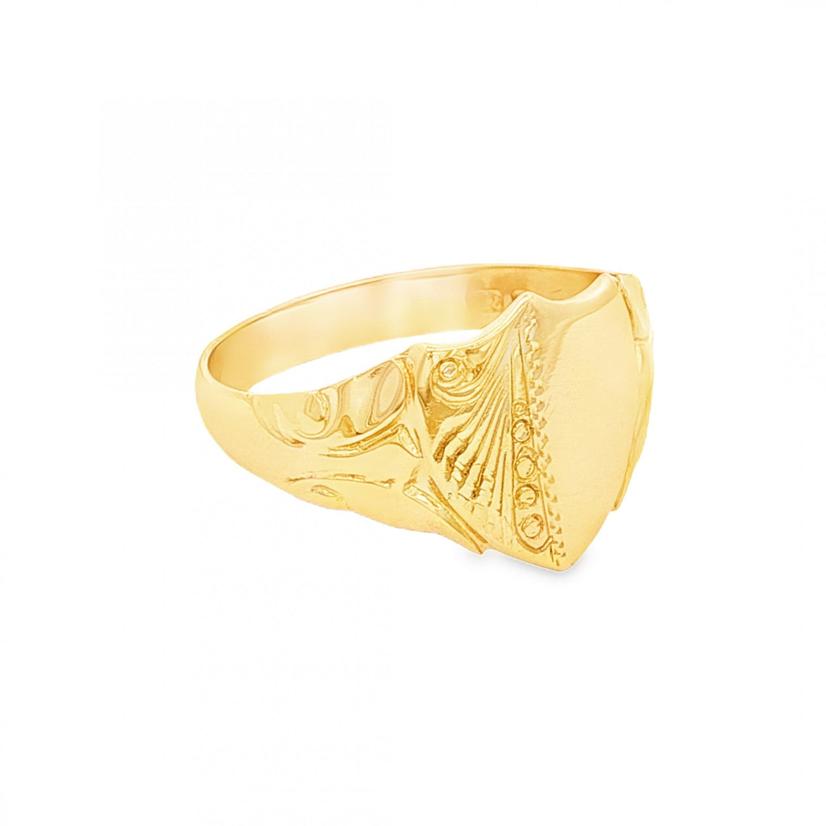 9ct Yellow Gold Half-Engraved Shield Signet Ring - Size S - 13mm