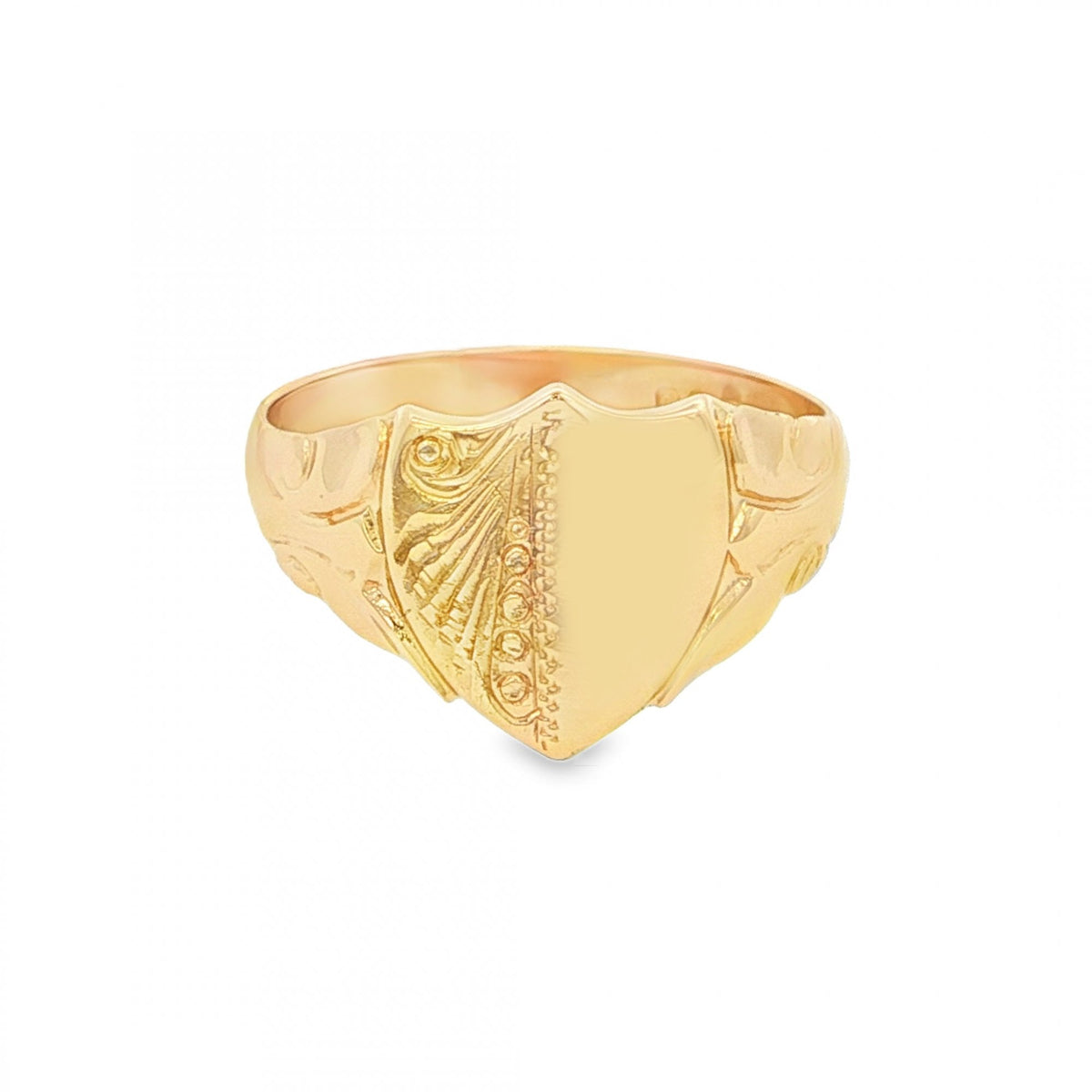 9ct Yellow Gold Half-Engraved Shield Signet Ring - Size S - 13mm
