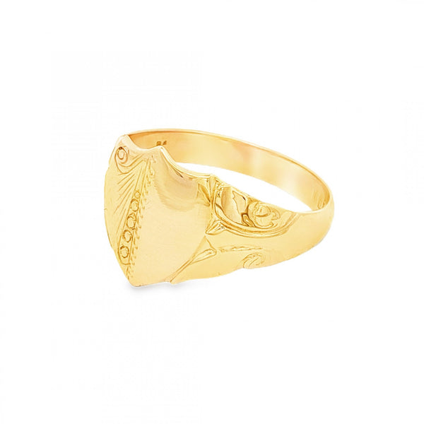 9ct Yellow Gold Half-Engraved Shield Signet Ring - Size S - 13mm