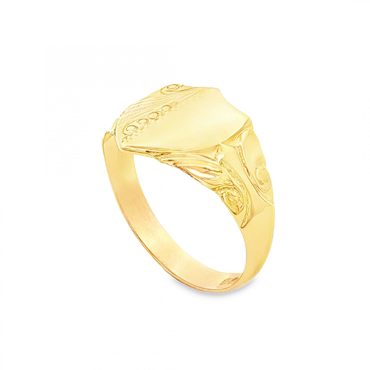 9ct Yellow Gold Half-Engraved Shield Signet Ring - Size S - 13mm