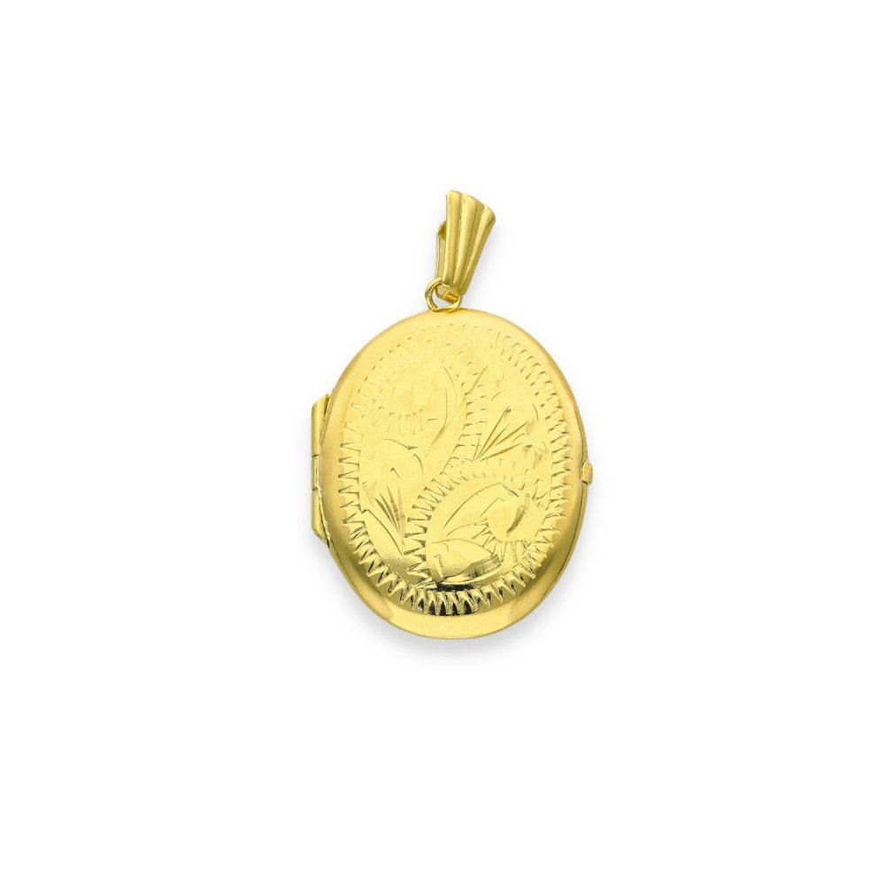 9ct Yellow Gold Oval Feather-Engraved Locket - 17x22x4mm - 1.6g
