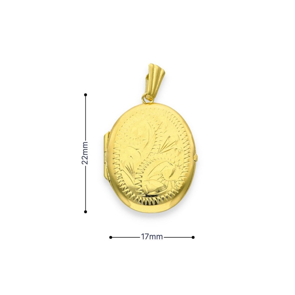9ct Yellow Gold Oval Feather-Engraved Locket - 17x22x4mm - 1.6g