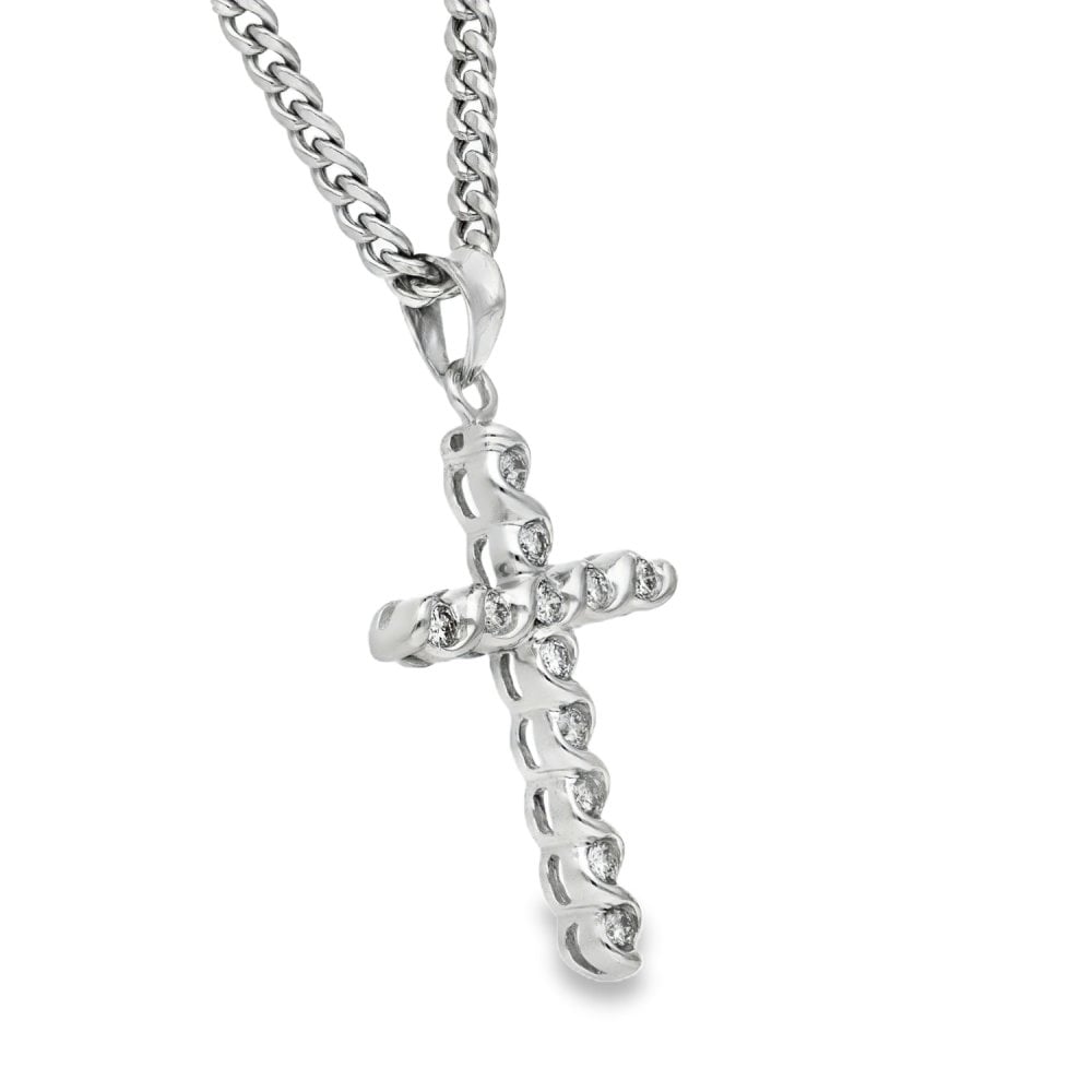 9ct White Gold Diamond Cross Pendant & Necklace - 18" - 0.48ct