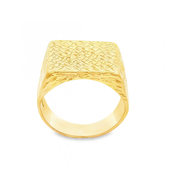 9ct Yellow Gold Bark-Engraved Signet Ring - Size R½ - 16mm