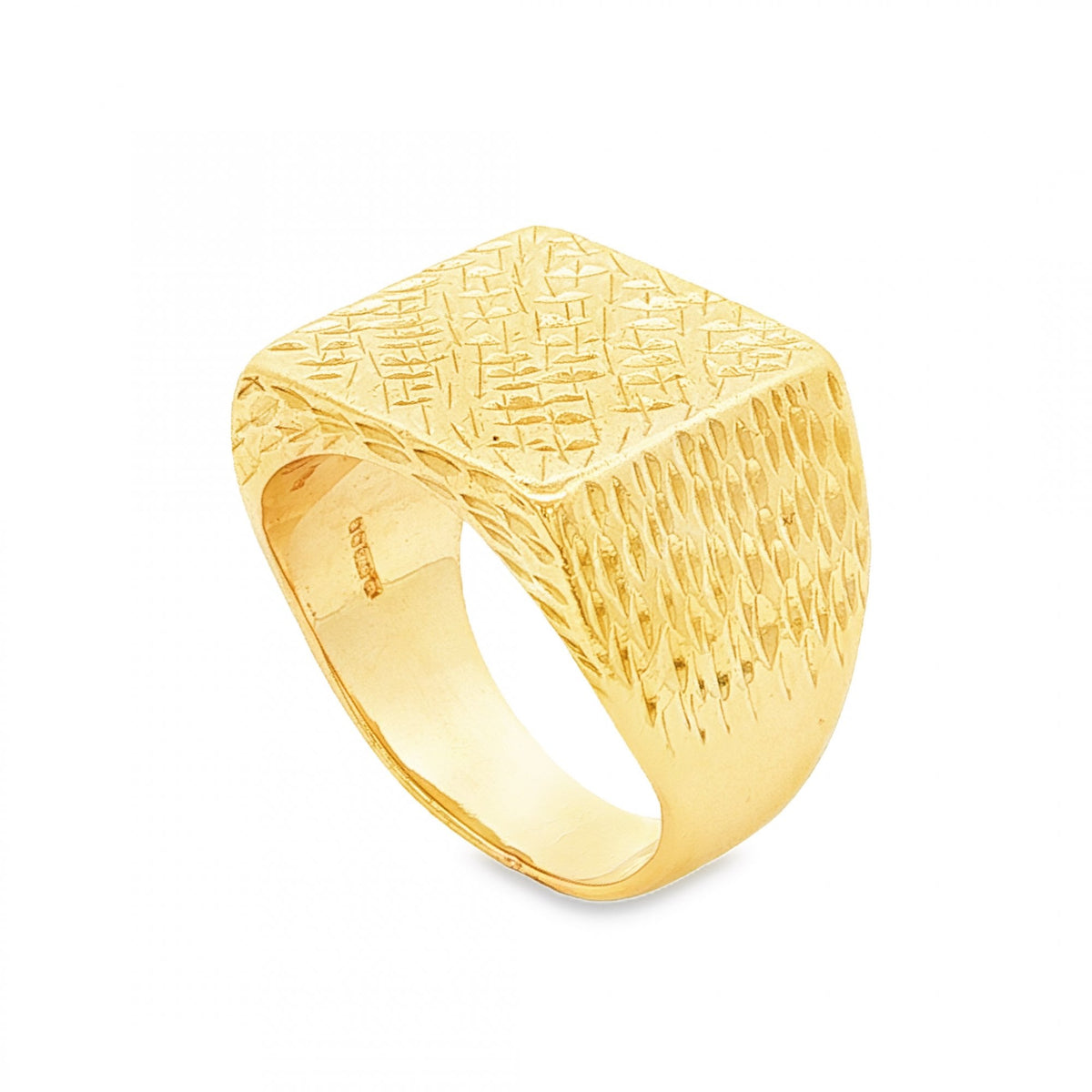 9ct Yellow Gold Bark-Engraved Signet Ring - Size R½ - 16mm