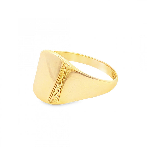 9ct Yellow Gold Engraved Signet Ring - Size W½ - 14mm