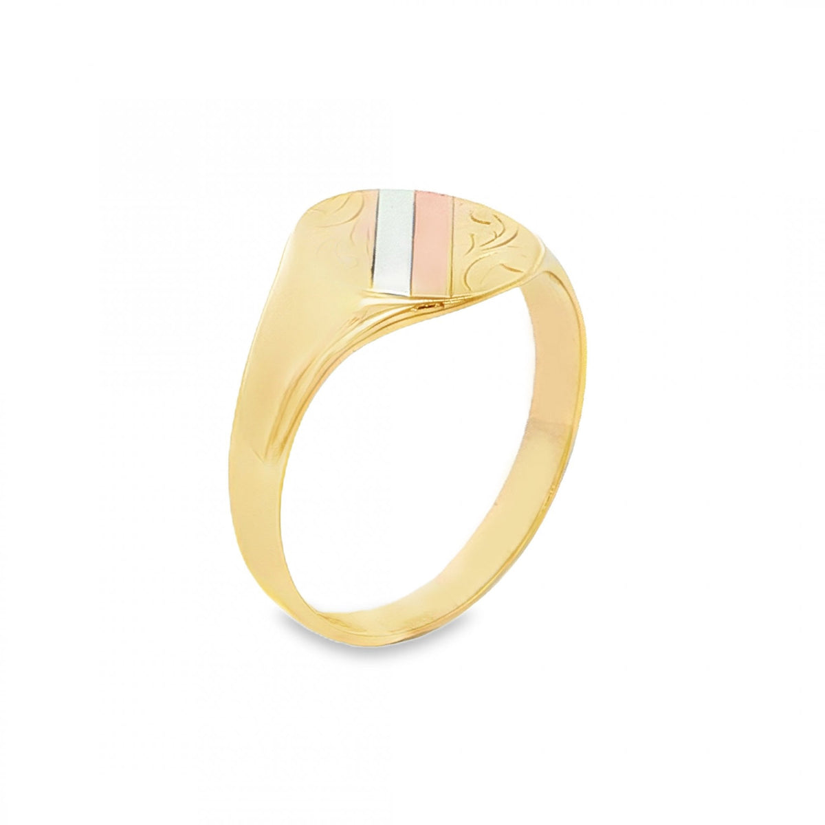 9ct Multi-Tone Gold Engraved Signet Ring - Size O - 11mm