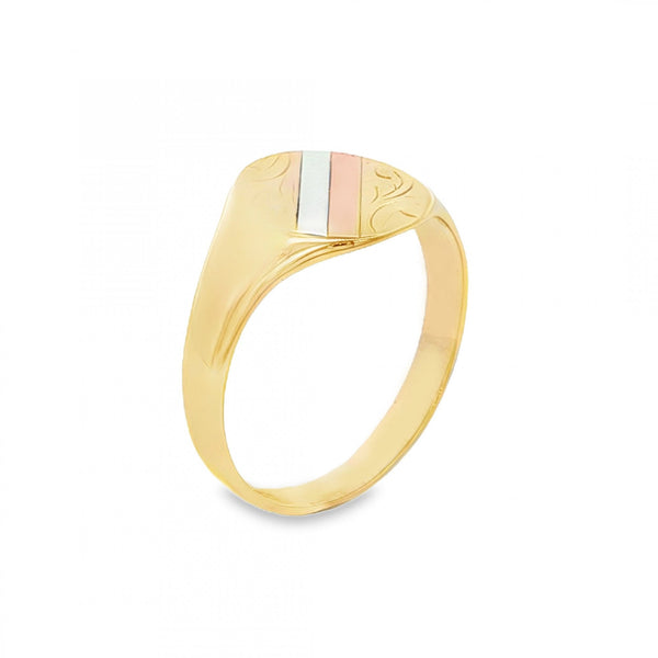 9ct Multi-Tone Gold Engraved Signet Ring - Size O - 11mm