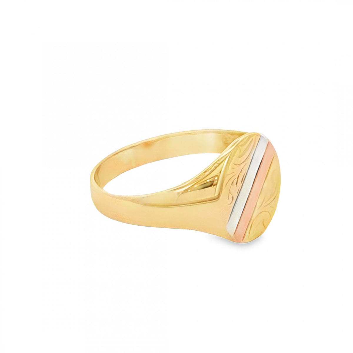 9ct Multi-Tone Gold Engraved Signet Ring - Size O - 11mm